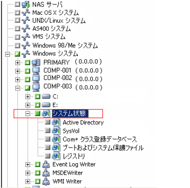 バックアップ マネージャの［ソース］タブ。 システム状態が表示および選択されています。