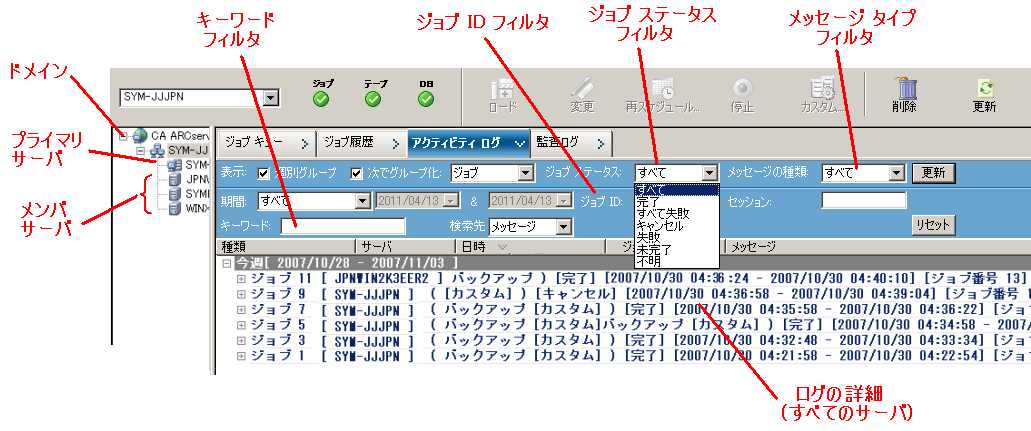 図： アクティビティ ログ - セントラル ログ