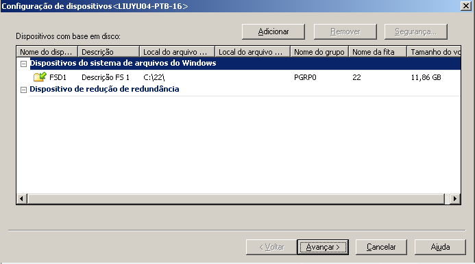 Configuração de dispositivo com base em disco mostrando novo FSD