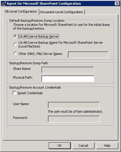 Caixa de diálogo Configuração do agente para Microsoft SharePoint