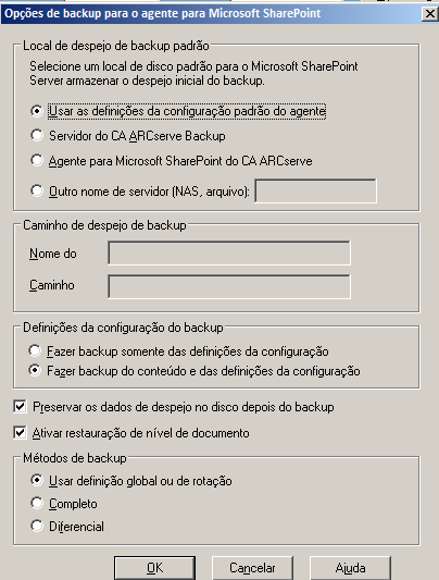 Caixa de diálogo Opções de backup do Agente para Microsoft SharePoint