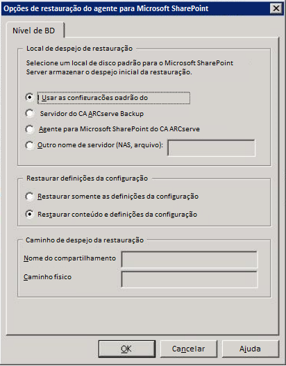Opções de restauração do Agente para Microsoft SharePoint