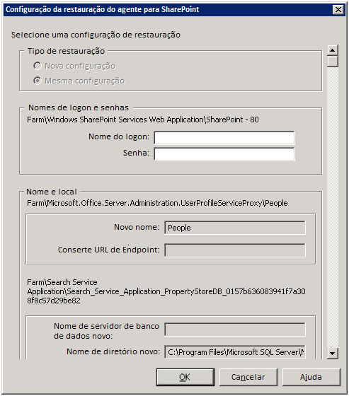 Caixa de diálogo Restaurar definições da configuração no SharePoint Server