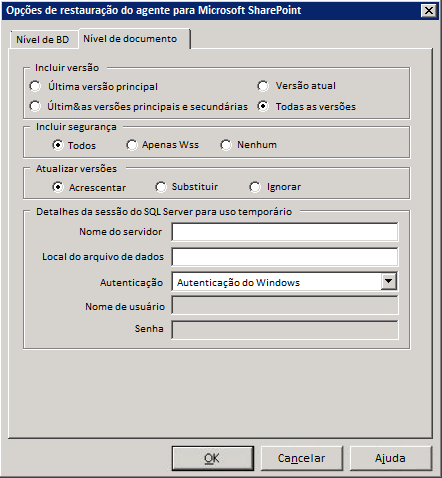 Caixa de diálogo Opção de restauração no nível de documento no SharePoint