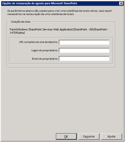 Caixa de diálogo Configuração da restauração do agente para Microsoft SharePoint