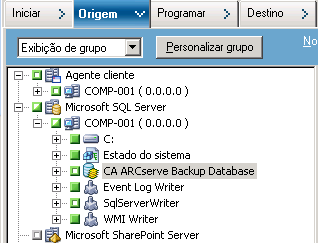 Guia Origem do gerenciador de backup. O banco de dados do CA ARCServe Backup é excluído da origem.