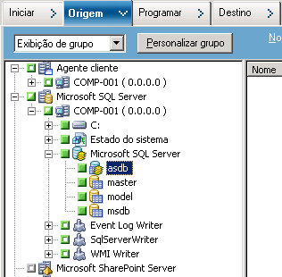Guia Origem do gerenciador de backup. O banco de dados do CA ARCServe Backup é excluído da origem.