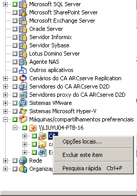 Janela do Gerenciador de backup.  Foi especificado um volume com a opção de backup local.