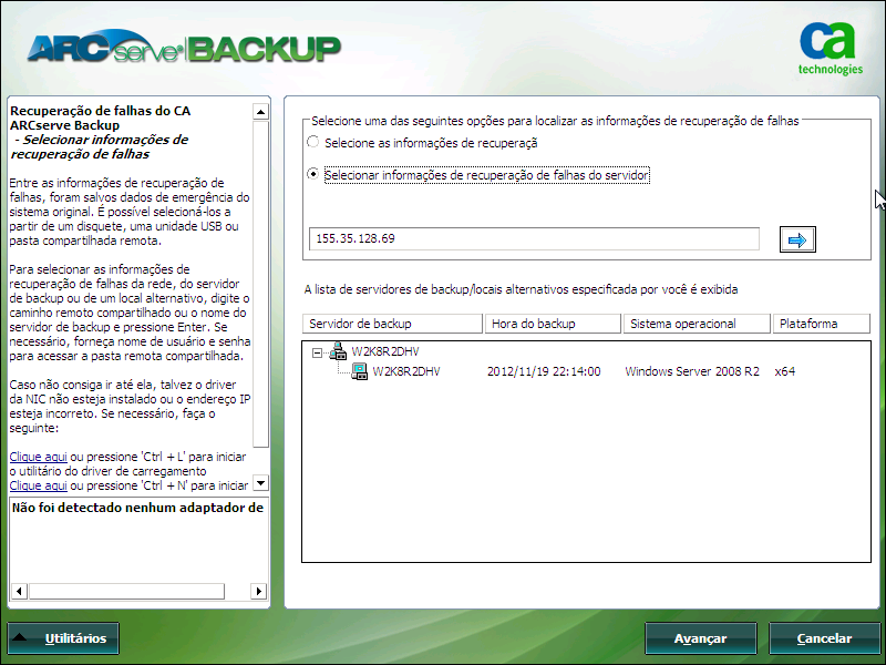 Recuperação de falhas do Windows PE - Selecionar a tela Informações de recuperação de falhas.
