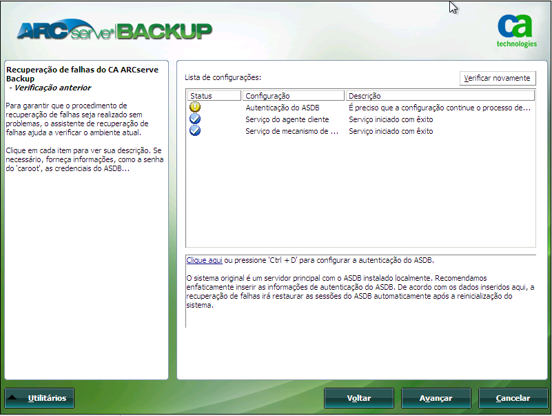 Recuperação de falhas do Windows PE - Tela Verificação anterior.