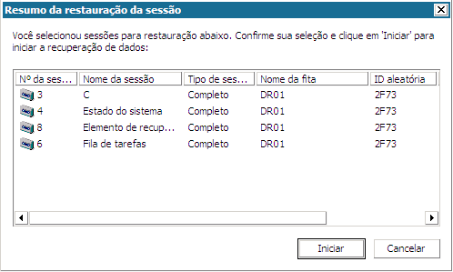 Recuperação de falhas do Windows PE - Tela Resumo da restauração da sessão.