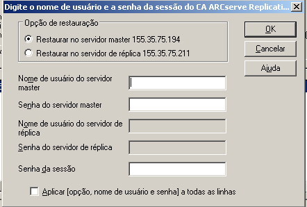 Restaurar por sessão - Digite o nome de usuário e a senha da sessão do CA ARCserve Replication