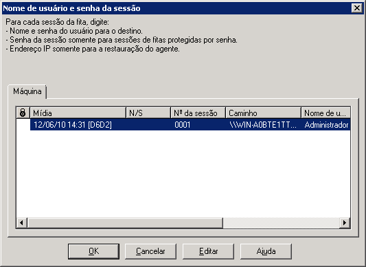 caixa de diálogo Nome de usuário e senha da sessão