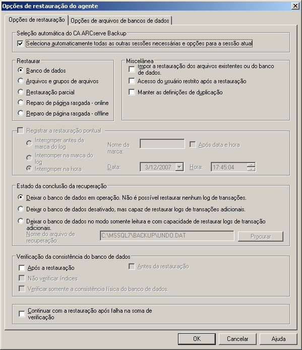As Opções de restauração do agente são acessíveis a partir do CA ARCserve Backup Restore Manager
