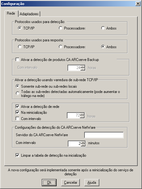 Caixa de diálogo Configuração da detecção A seção Ativar a detecção usando a varredura de sub-redes do TCP/IP está destacada e a única opção de Sub-rede(s) local(is) é especificada.