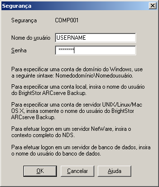 Caixa de diálogo ARCserve Agent Security