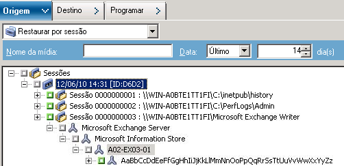 Guia Origem com o tipo de restauração Restaurar por sessão selecionado.