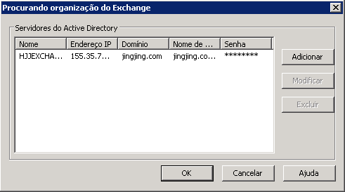 Caixa de diálogo Procurando organização do Exchange