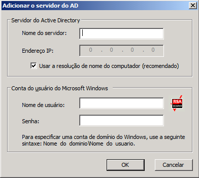 Caixa de diálogo Adicionar o servidor do AD