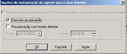 Ilustração da janela Opções de restauração do agente para Lotus Domino