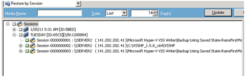 Lista de sessões da Restauração do Microsoft Hyper-V por sessão
