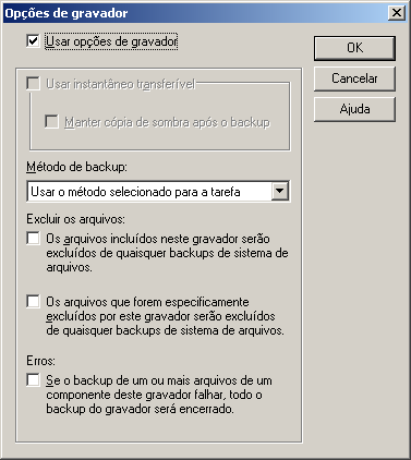 Caixa de diálogo Opções do gravador