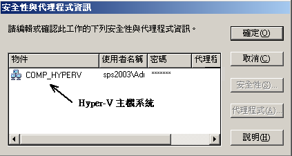 [安全性與代理程式] 對話方塊。 登入 Hyper-V 主機系統。