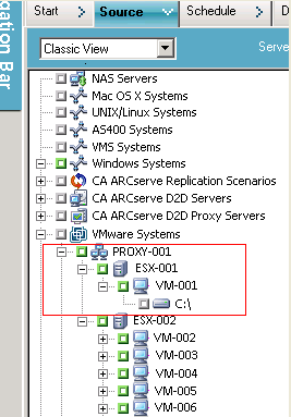 [備份管理員] 視窗 (已展開 [VMware VCB 系統] 物件以顯示虛擬機器)。