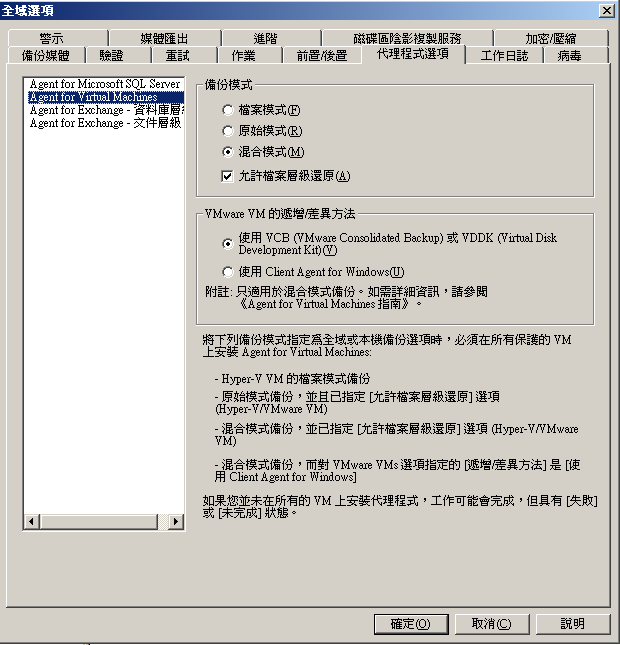 隨即顯示 [備份管理員] 的 [全域選項] 對話方塊 (已選取 [代理程式選項] 索引標籤) 和 Agent for Virtual Machines 選項。