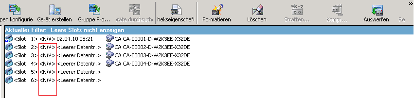 Fenster "Gerätemanager"  Das Datenträger-Beschreibungsfeld zeigt <N/V> an, da der Datenträger weder Seriennummer noch Barcode enthält.