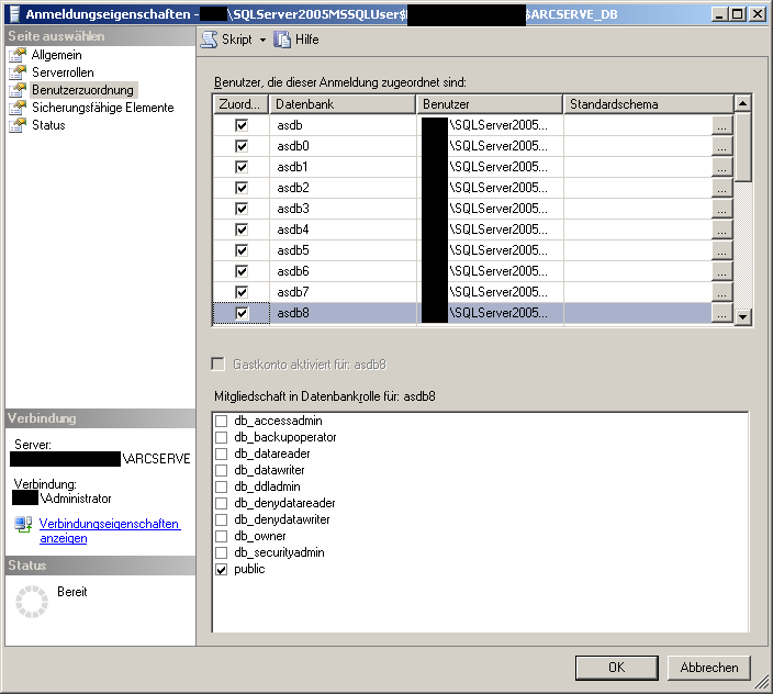 Dialogfenster "Microsoft SQL Server-Anmeldeeigenschaften"