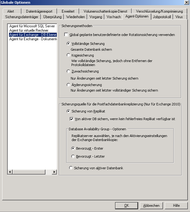 Globale Optionen, Registerkarte "Agent-Optionen"