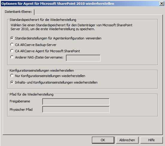 Wiederherstellungsoptionen des Agenten in SharePoint 2010