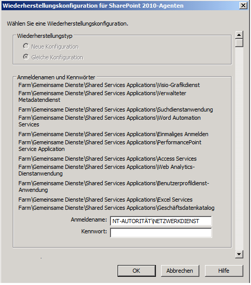 Dialogfeld "Konfigurationseinstellungen wiederherstellen" in SharePoint Server 2010