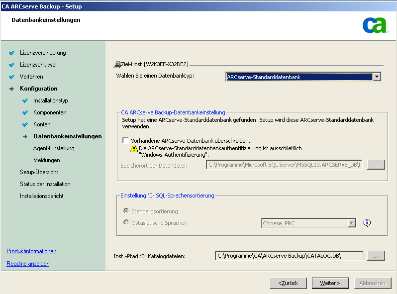 Setup: Dialogfeld "Datenbankeinstellungen"
