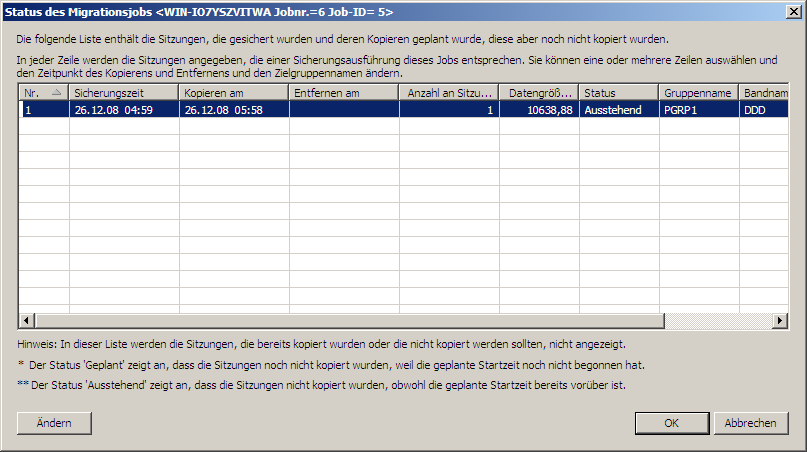 Dialogfeld "Status des Migrationsjobs" - Schaltfläche "Ändern" ausgewählt.