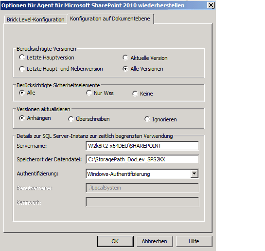 Dialogfeld "Wiederherstellungsoption auf Dokumentebene" in SharePoint 2010