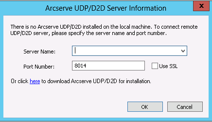 Arcserve D2D Server Information dialog. Using this dialog, you can log in to another ARCserve server to open CA ARCserve D2D, or click here to download and install Arcserve D2D.