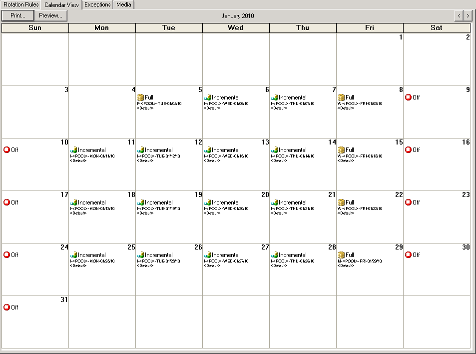 Backup Manager Schedule Tab. The Calendar View tab is selected.