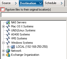 Restore Manager Window and the Destination tab is selected. Restore files to their original location is highlighted.