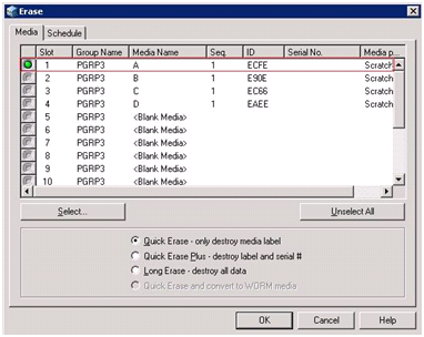 Erase dialog. Quick Erase - only destroy media label is specified.