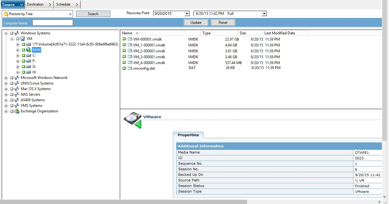 Backup Manager Window with the Source tab selected. The objects specified relate to raw (full VM) backups.