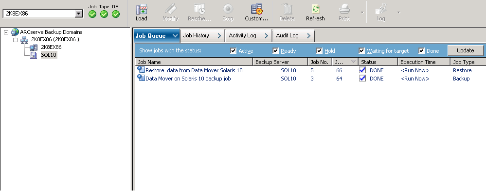 Job Status Manager. A data mover server is selected and contains a job in the Job Queue.