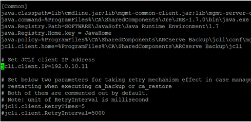 Remove the comment syntax from “jcli.client.IP=” to set the specific IP address.