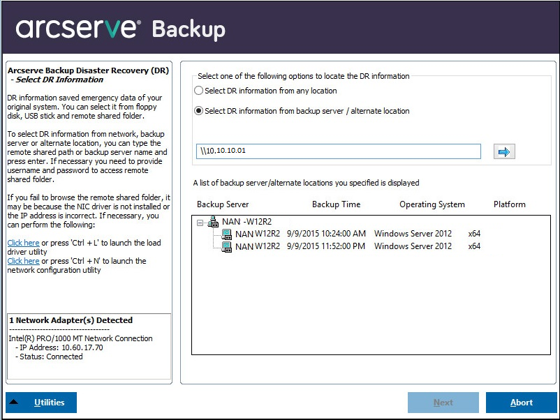Windows PE Disaster Recovery - Select DR Information screen.