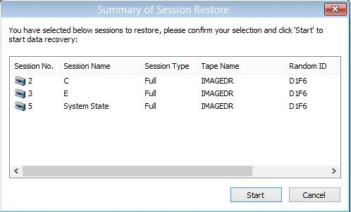Windows PE Disaster Recovery - Summary of Session Restore screen.