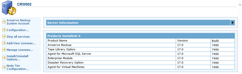 Server Admin - Properties - Products Installed List.