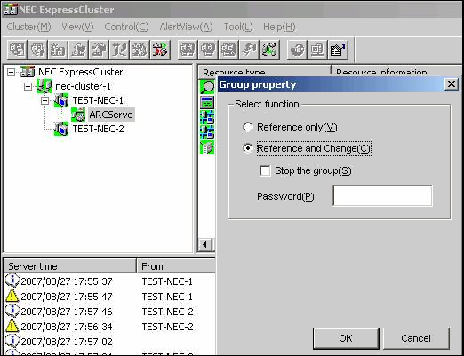 NEC Express Cluster console. The Group Property dialog appears.