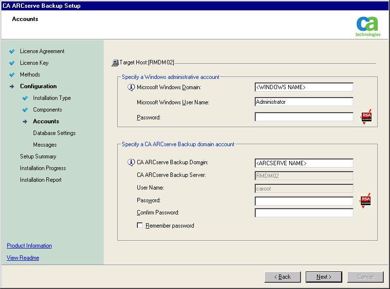 Setup: Accounts dialog.