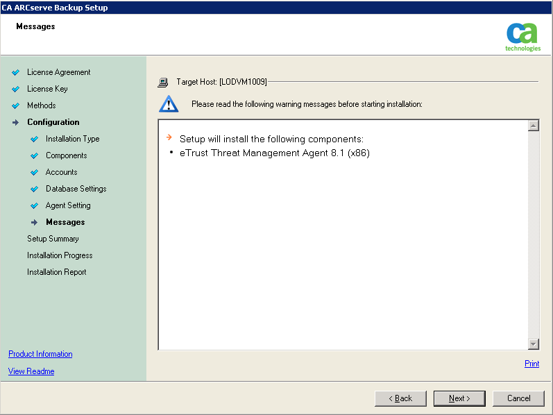 Setup: Messages dialog.